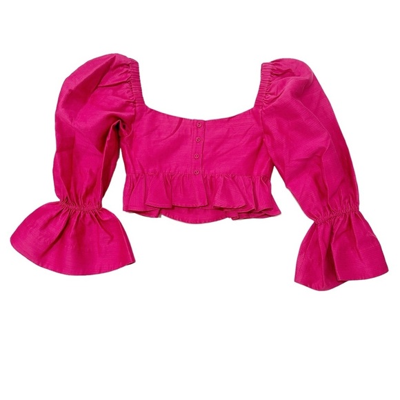 NWOT $295 ALEMAIS Blaire Ruffle Blouson Crop Top Fuchsia Button Back US 2 - Picture 3 of 12